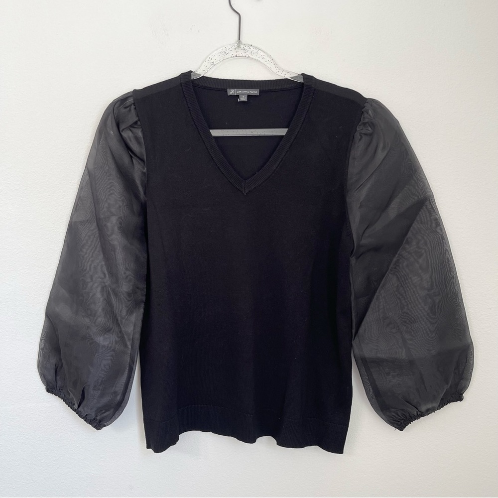 Adrianna Papell Black V Neck Sweater with Heavy Dramatic Sheer 3/4 Sleeves Sz M